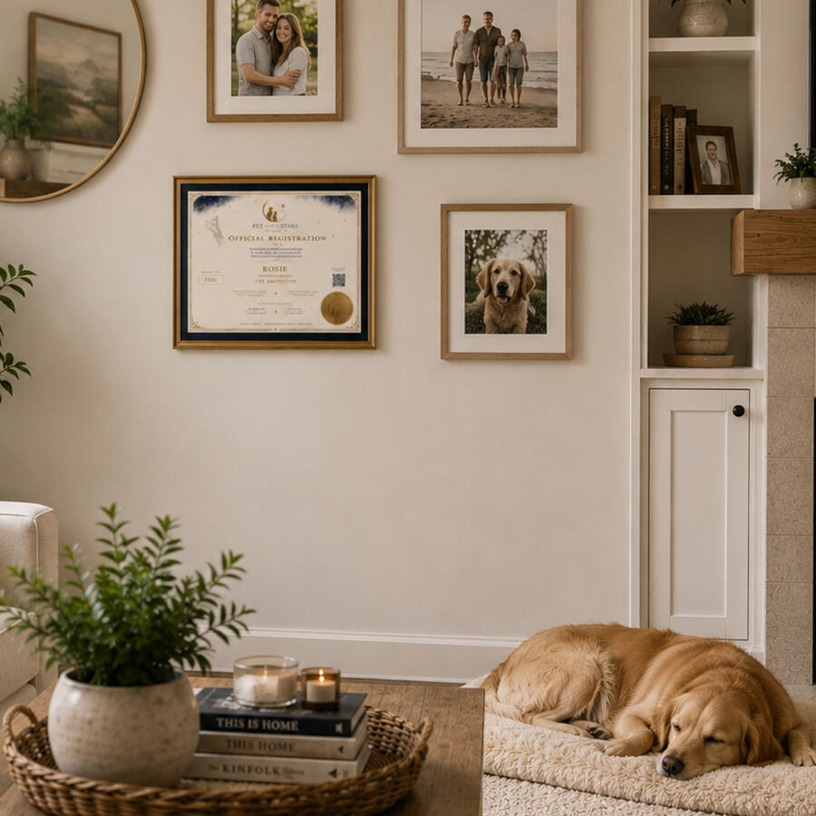 Framed Pet in the Stars certificate displayed in a living room