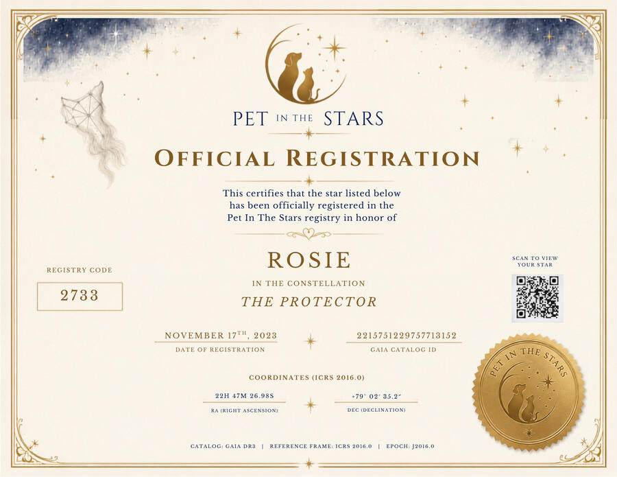 Example Pet in the Stars certificate